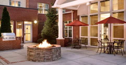 fire pit, grill and outdoor tables