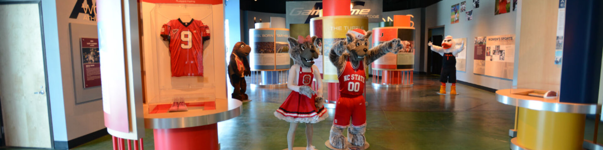 sports mascots and jerseys on display
