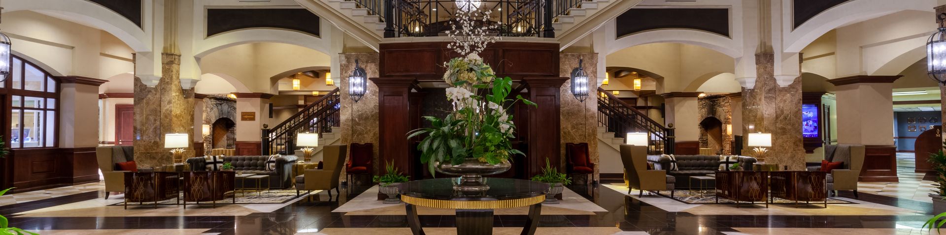 resort lobby with stairway in background