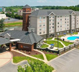 aerial view of exterior and pool area
