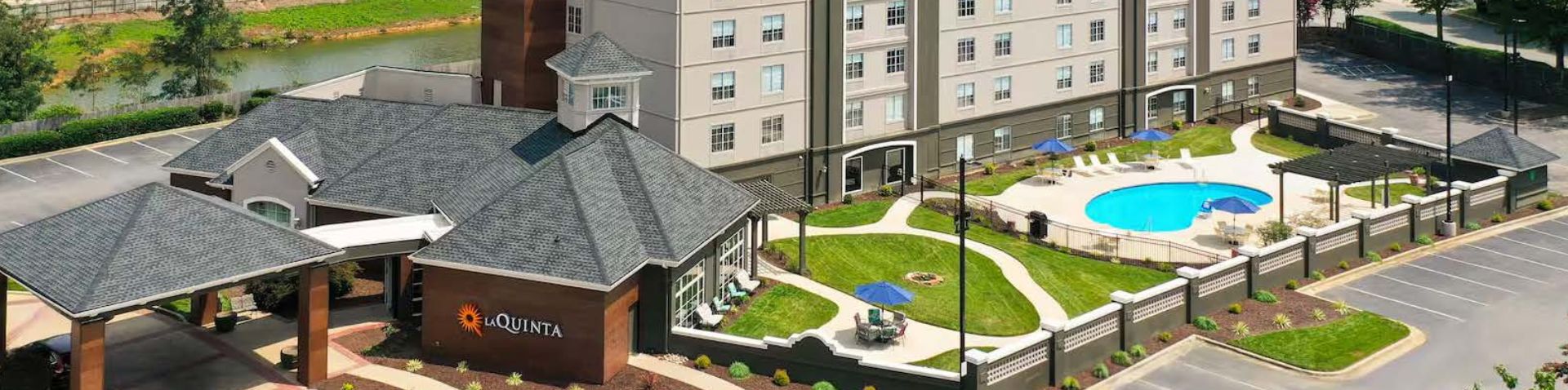 aerial view of exterior and pool area