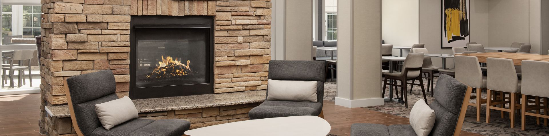 close-up of fireplace & lounge area