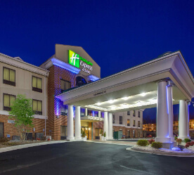 hotel entrance lit up at night