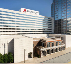 Marriott hotel exterior built around old firehouse