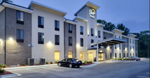 hotel exterior at dusk