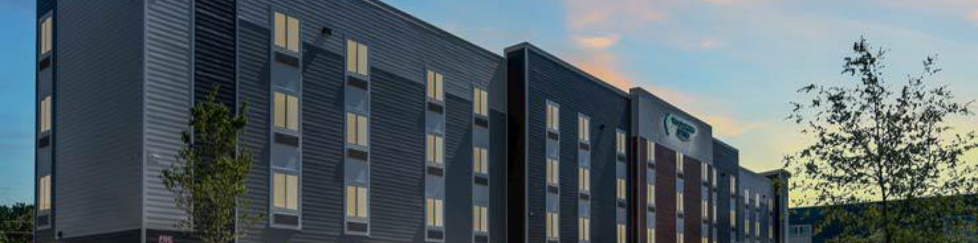 hotel exterior at dusk