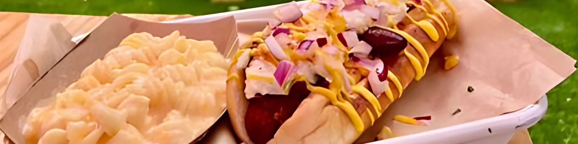 close-up of custom hot dog & side