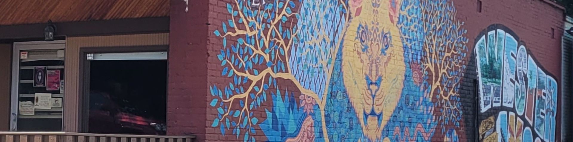 close-up of artwork on side of building