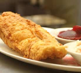 fried meat with a side of mashed potatoes and cranberry slices