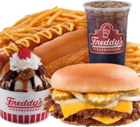 burger, hot dog, ice cream, fries and soda