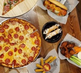 pizza, cannoli, wings, meatball sub and mozzarella sticks