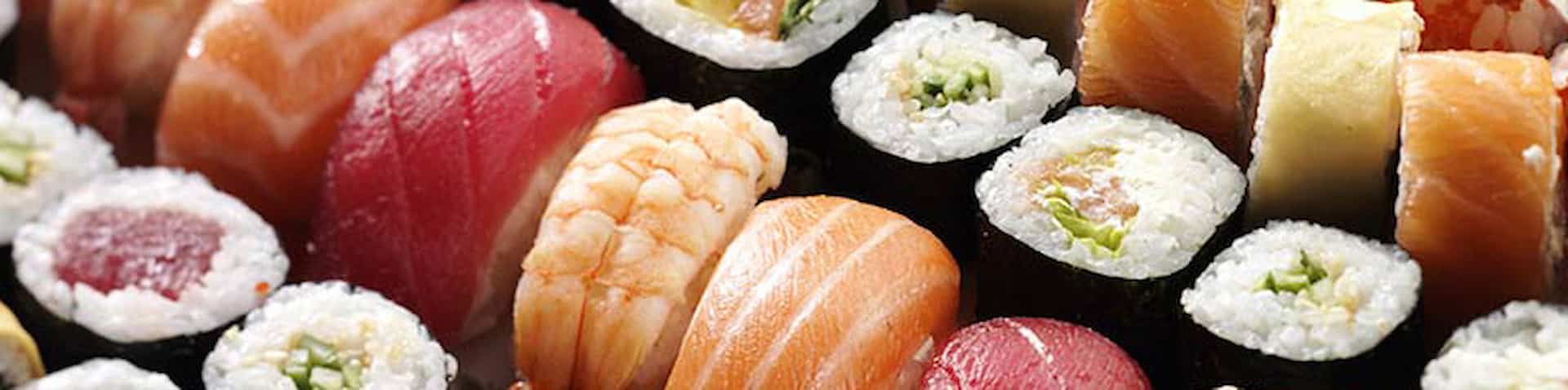 close-up of a tray of sushi