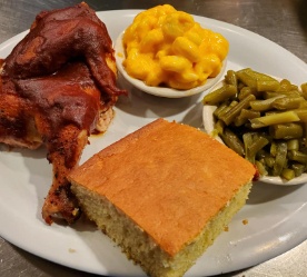 Cornbread, ribs, green beans and macaroni