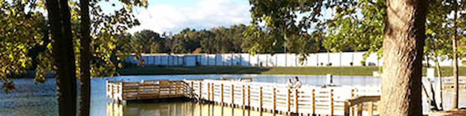 view of lake and dock