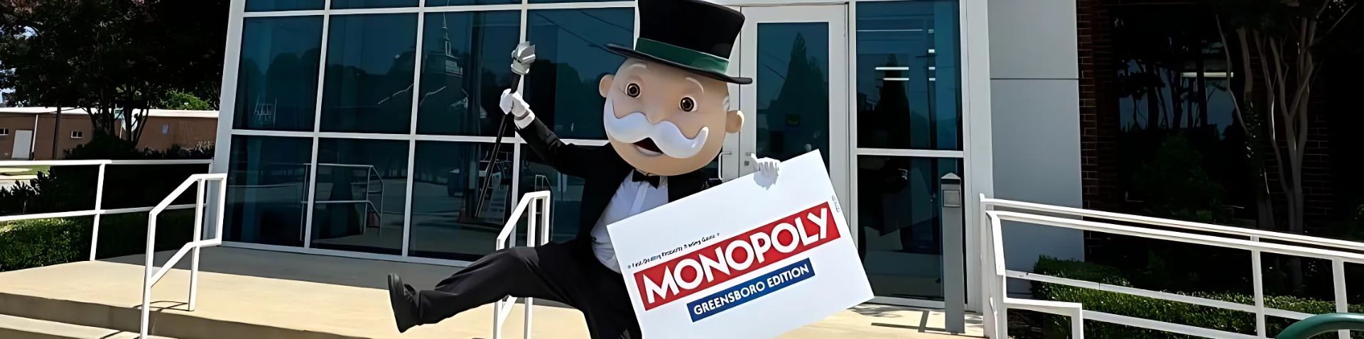 Mr. Monopoly in front of the Greensboro CVB office with the Greensboro edition of Monopoly