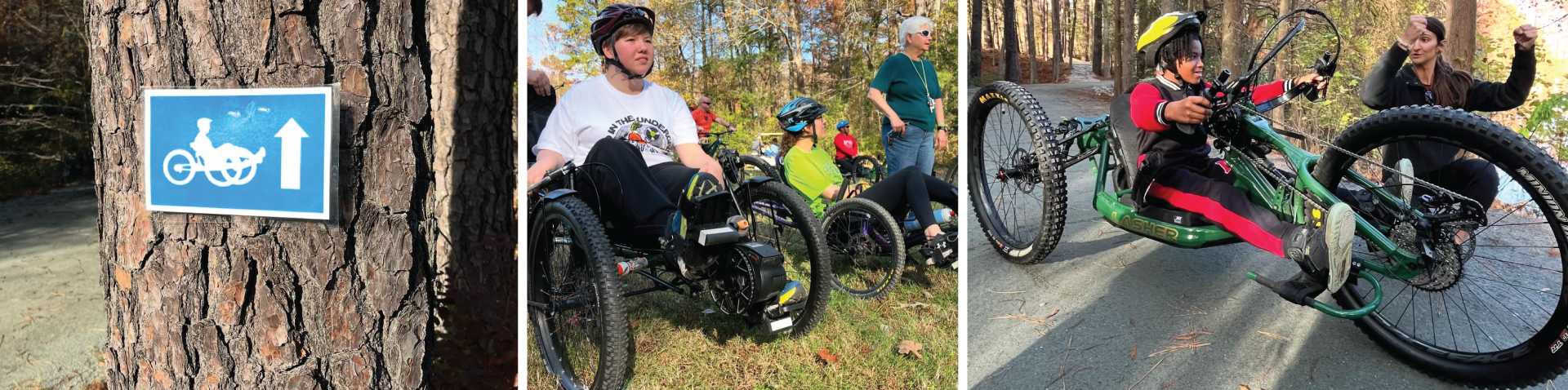 people and signs on an accessible mountain biking trail